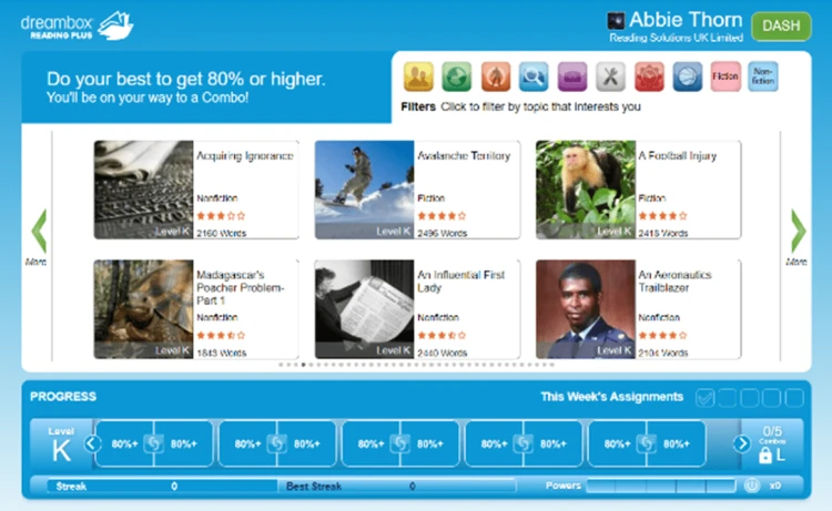 Screenshot of the Reading Plus programme