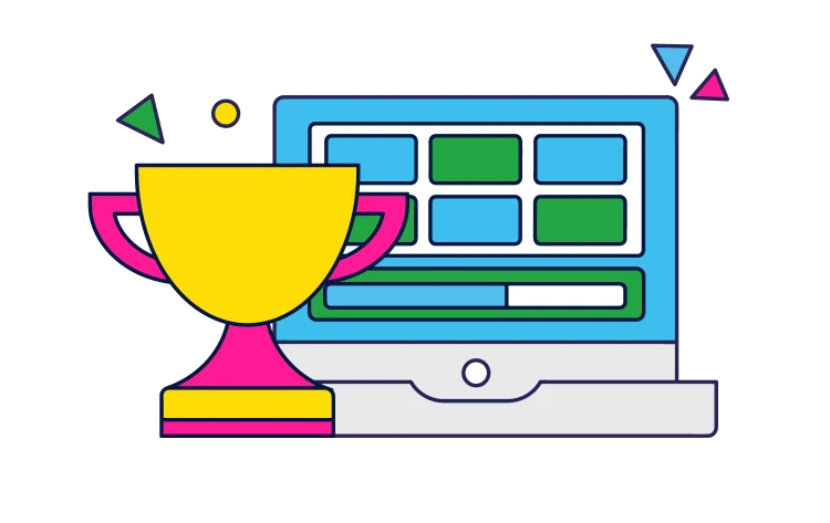 Trophy and computer screen infographic