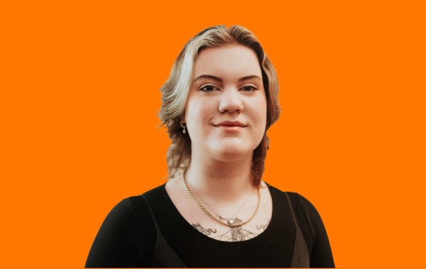 An image of Lana Hewitt with an orange background